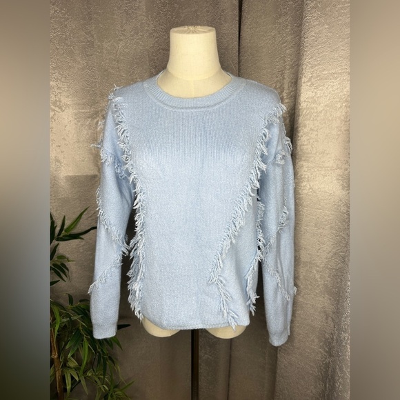 NEW 1. State Fringe Trim Detail Pullover Sweater Long Sleeve Cashmere Blue XS - Picture 3 of 12